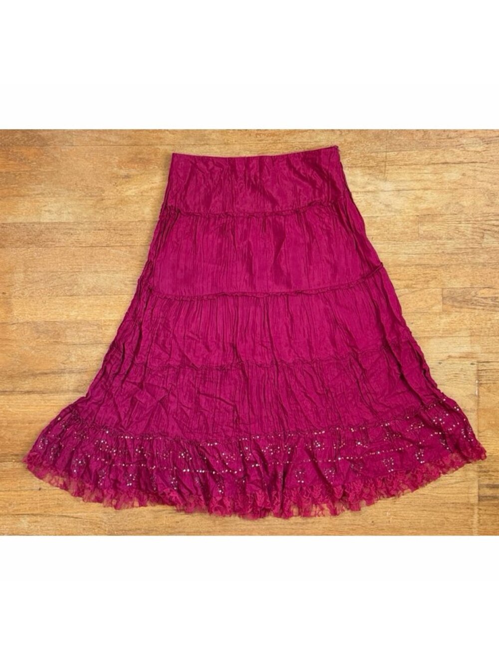 Vintage Tiered Lace Bead Trim Maxi Skirt Size Small 29" Waist Burgundy Boho Y2K